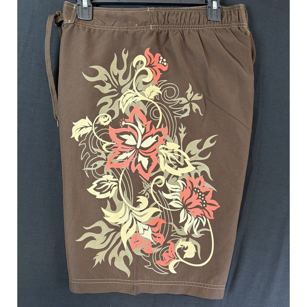 VTG Y2K Brown Zero Point Grunge Baggy Surf Board Shorts Side Graphics Sz Large